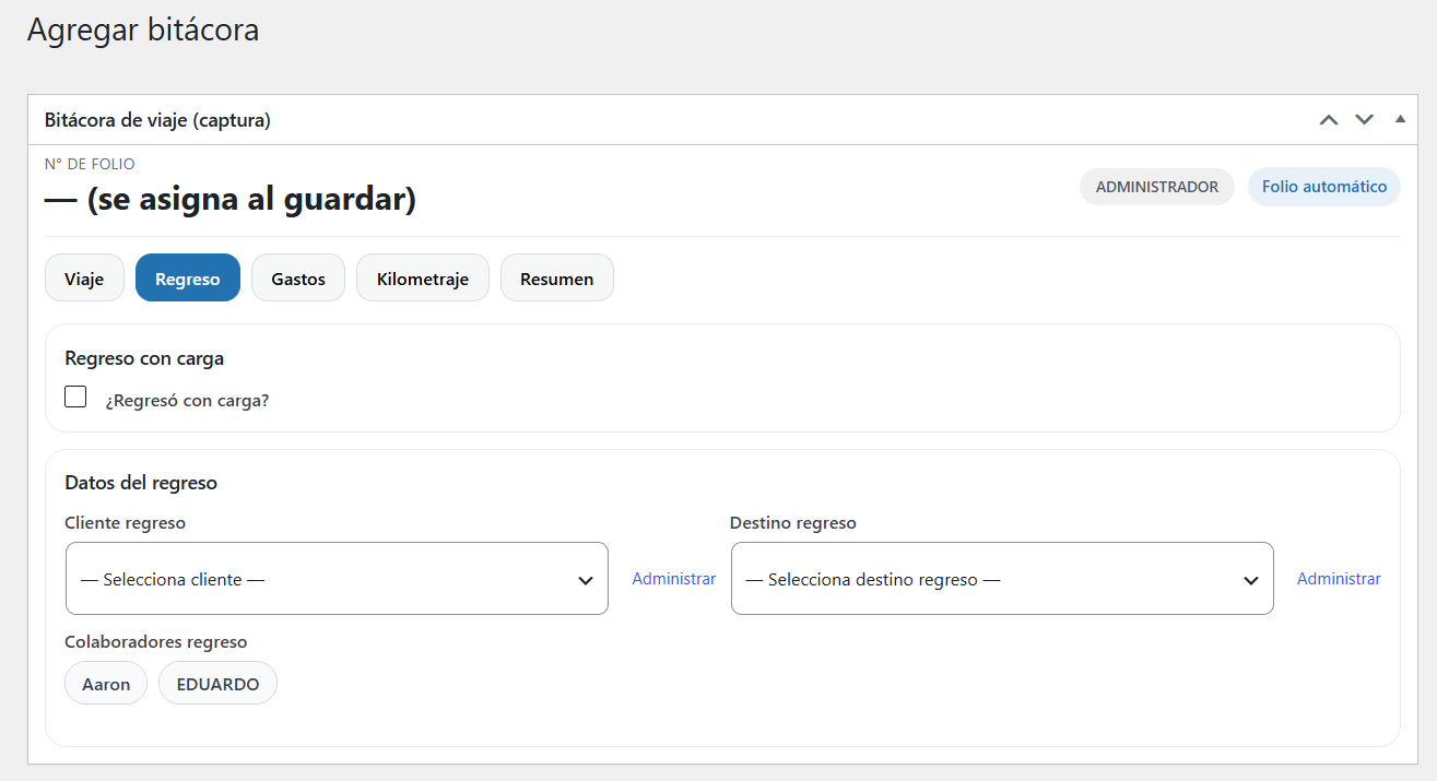 Captura de pantalla del registro opcional de viaje de regreso en la bitácora TRADAC