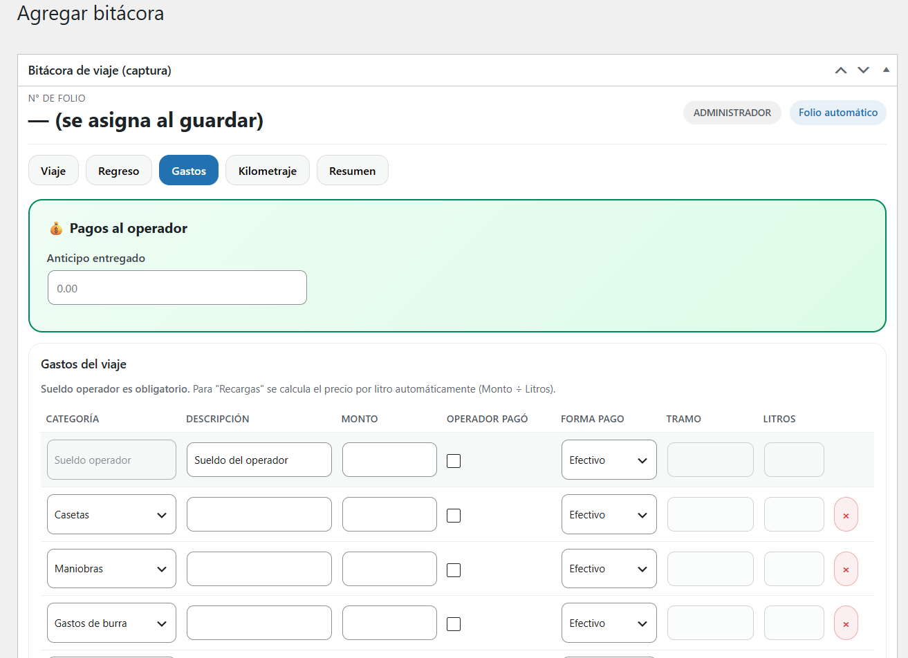 Captura de pantalla de gastos del operador, fondo y pagos directos de TRADAC