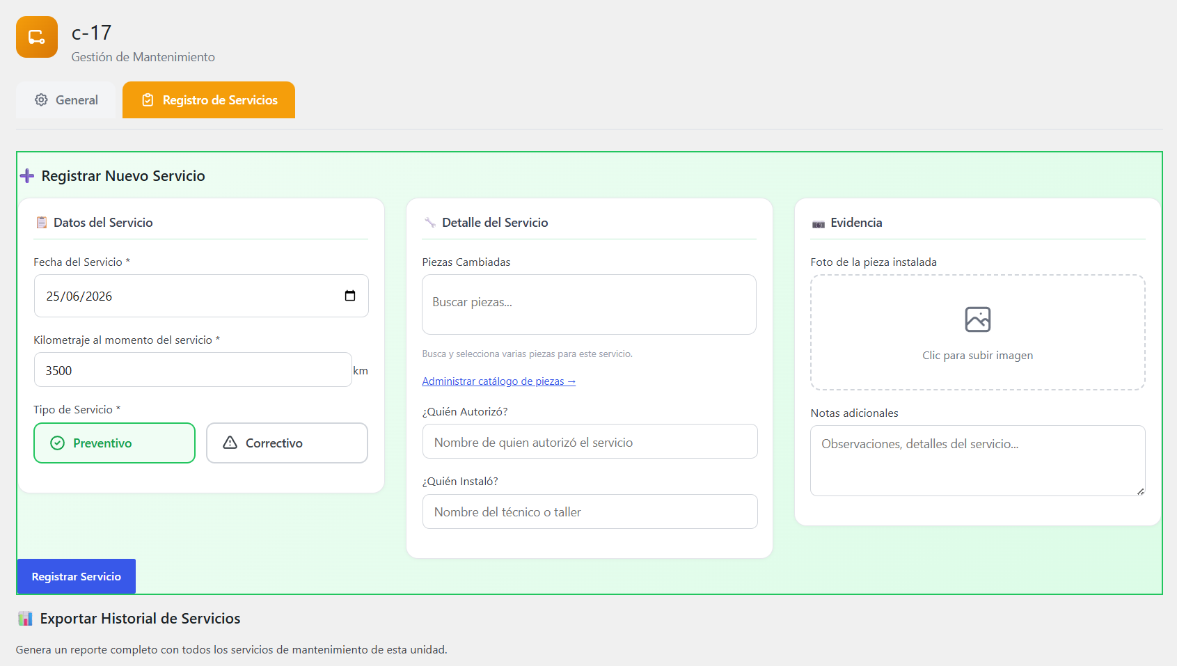 Registro del tipo de mantenimiento preventivo o correctivo