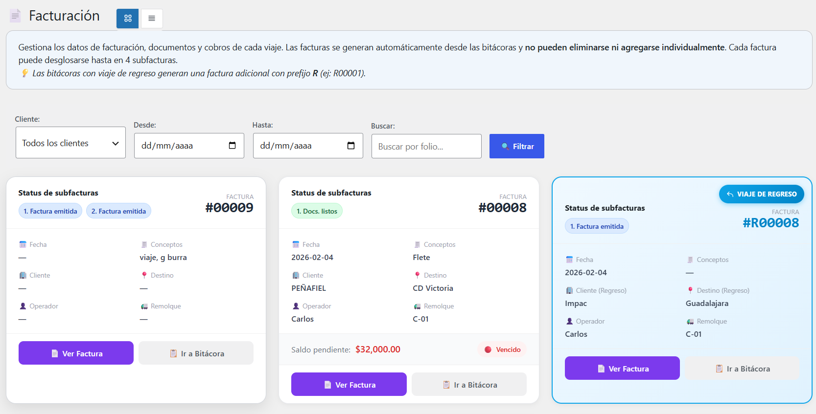 Sección de facturación generada automáticamente desde el viaje